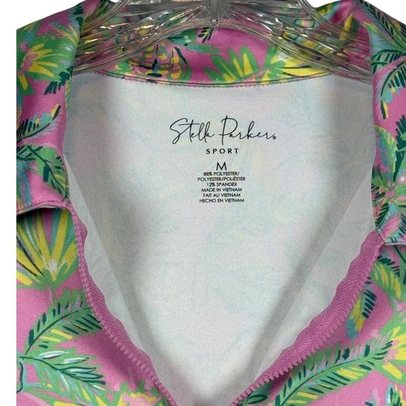 STELLA PARKER Sport, Pink Pine Green Palm Sleeve Mock Golf Shirt, Size M - Picture 8 of 8